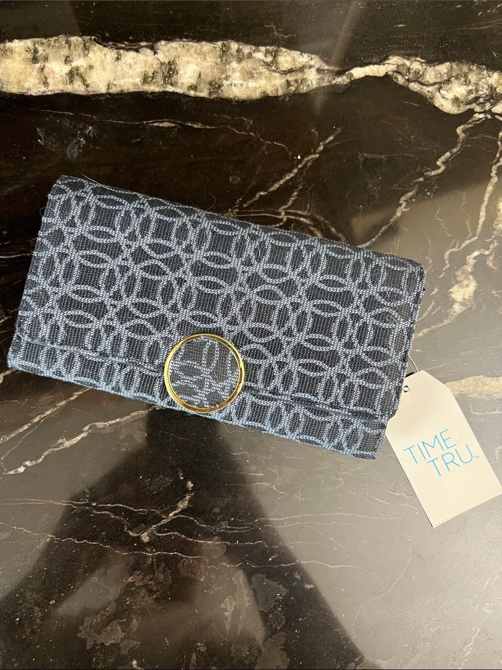 Time and Tru Navy Patterned Clutch with Gold Ring